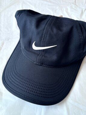 NIKE Originals Poly Black Sport Cap Adjustable Hat Sz S/M Swoosh Athletic Logo